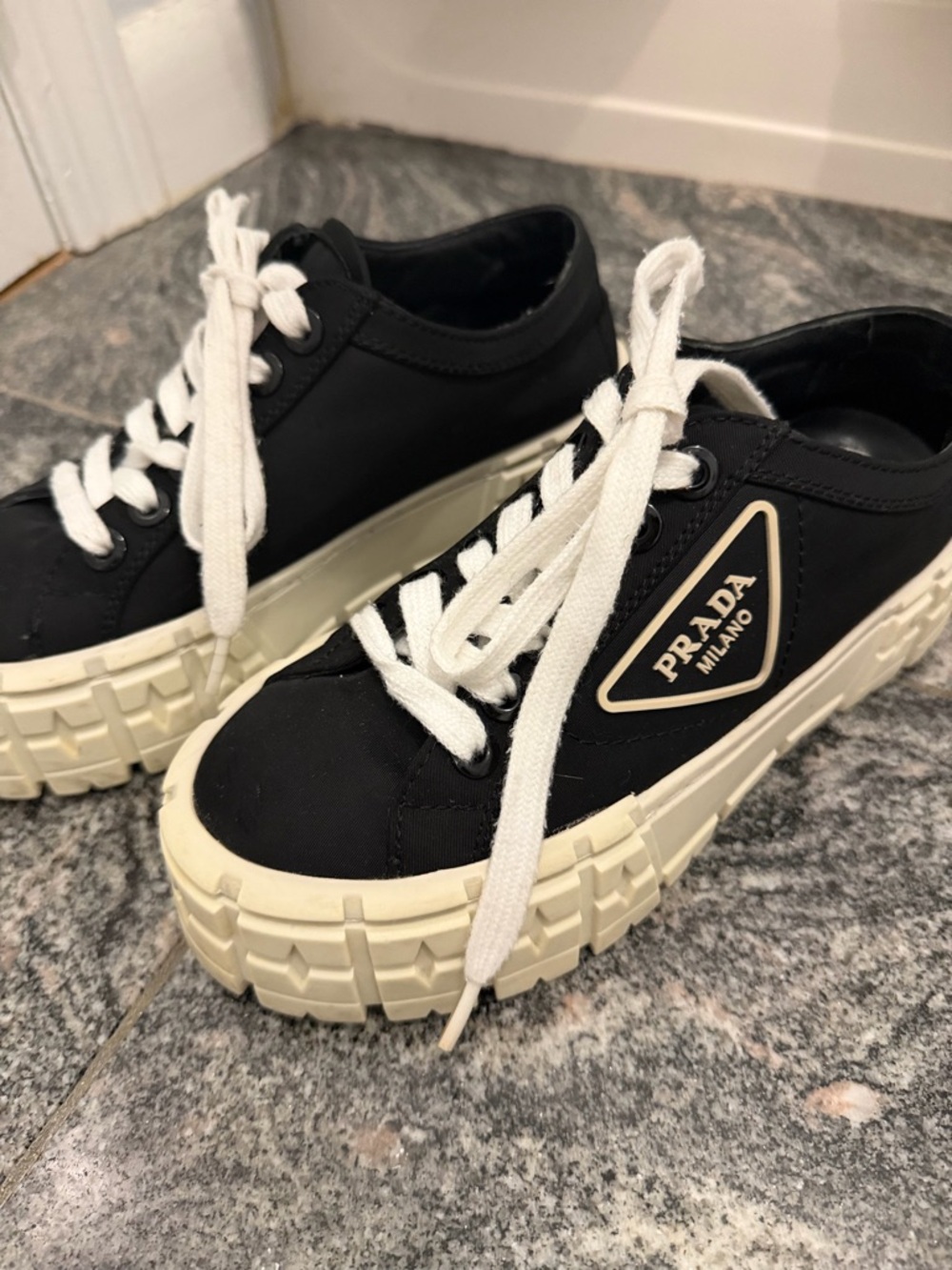 Prada Black Canvas Low-Top Sneakers with Cream Lug Sole - Picture 5 of 5